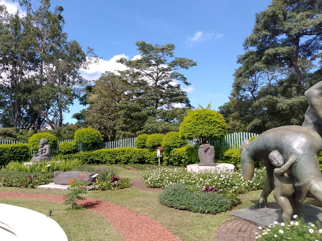 Jardín de esculturas del Museo de Arte Costarricense con setos, flores y senderos