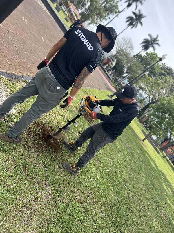 Dos personas del equipo de TOMATO abriendo con un barreno el hoyo para sembrar un árbol en un parque